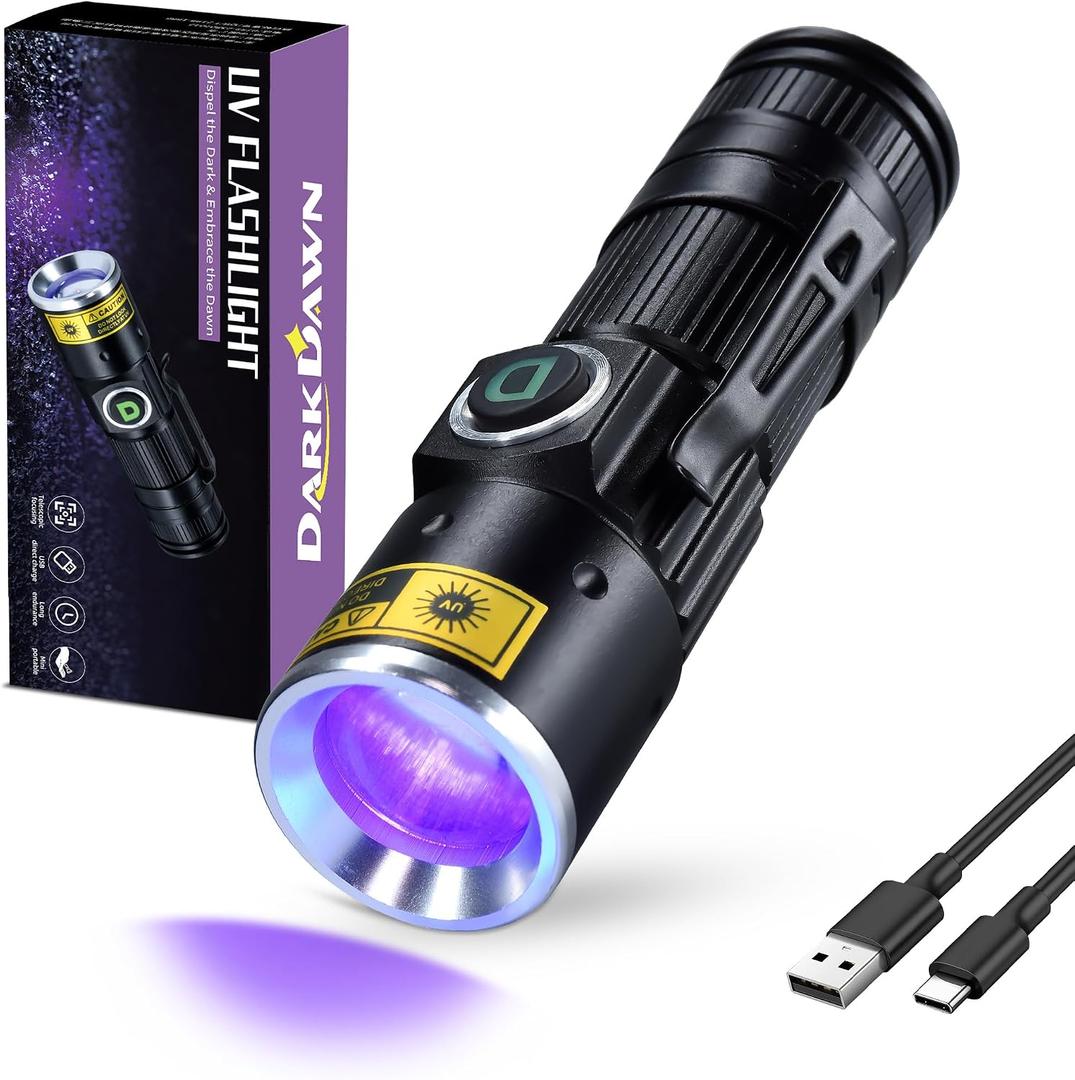 DARKDAWN UV 395nm Light Flashlights USB Rechargeable Ultraviolet LED Blacklight Mini Woods Lamp Portable Blacklight for cat Urine Detection Dry Stains, Uranium Glass, Leak Detection, D15 395 nm