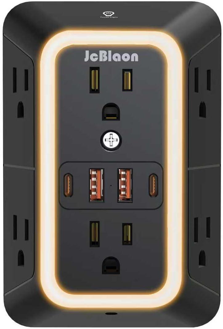 Wall Outlet Extender with Night Light, Power Plug Adapter 6 Outlet Extender with 4 USB Charging Ports2 USB C,1050J Power Strip Multi Plug Adapter Spaced for Home Office Travel-Black