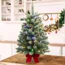 2 ft Mini Christmas Trees with Red Bow Base, 25 F5 LED Lights, 24" Decorated Burlap Artificial Tabletop Christmas Trees with Flocked Pine Cone