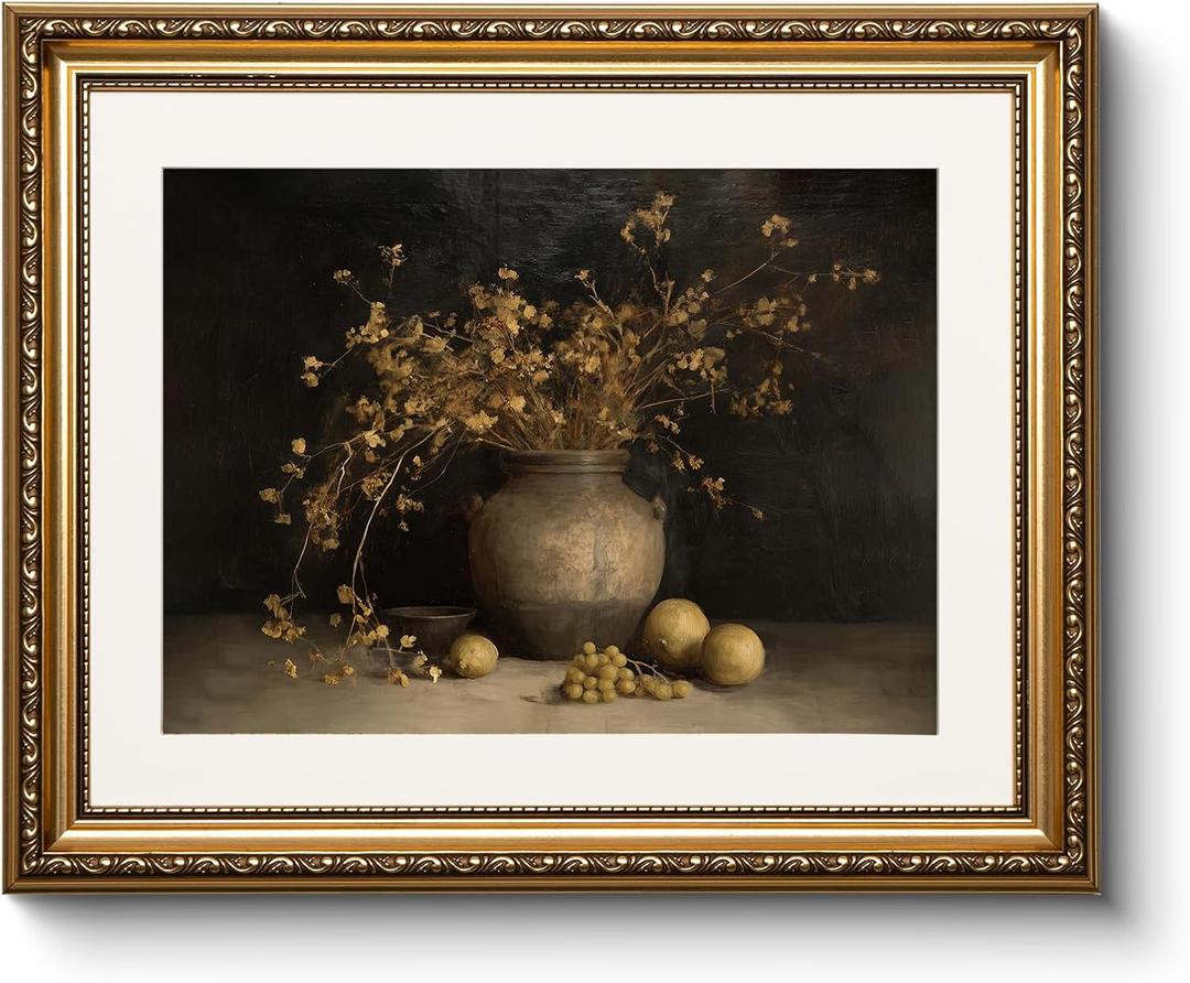 WHASAYART Dry Flower Sketches Vintage Gold Framed Canvas Wall Art 13"x16" | Antique Still Life Flower in Vase Painting Print, Classic Botanical Wall Decor Artwork Living Room Entryway Bedroom Office