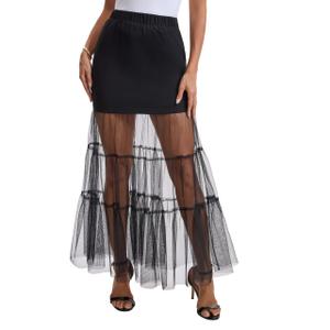 GERT COREL Women's Lace Sheer Maxi Skirt, Bodycon High Waisted Mesh Skirt (Black, S)