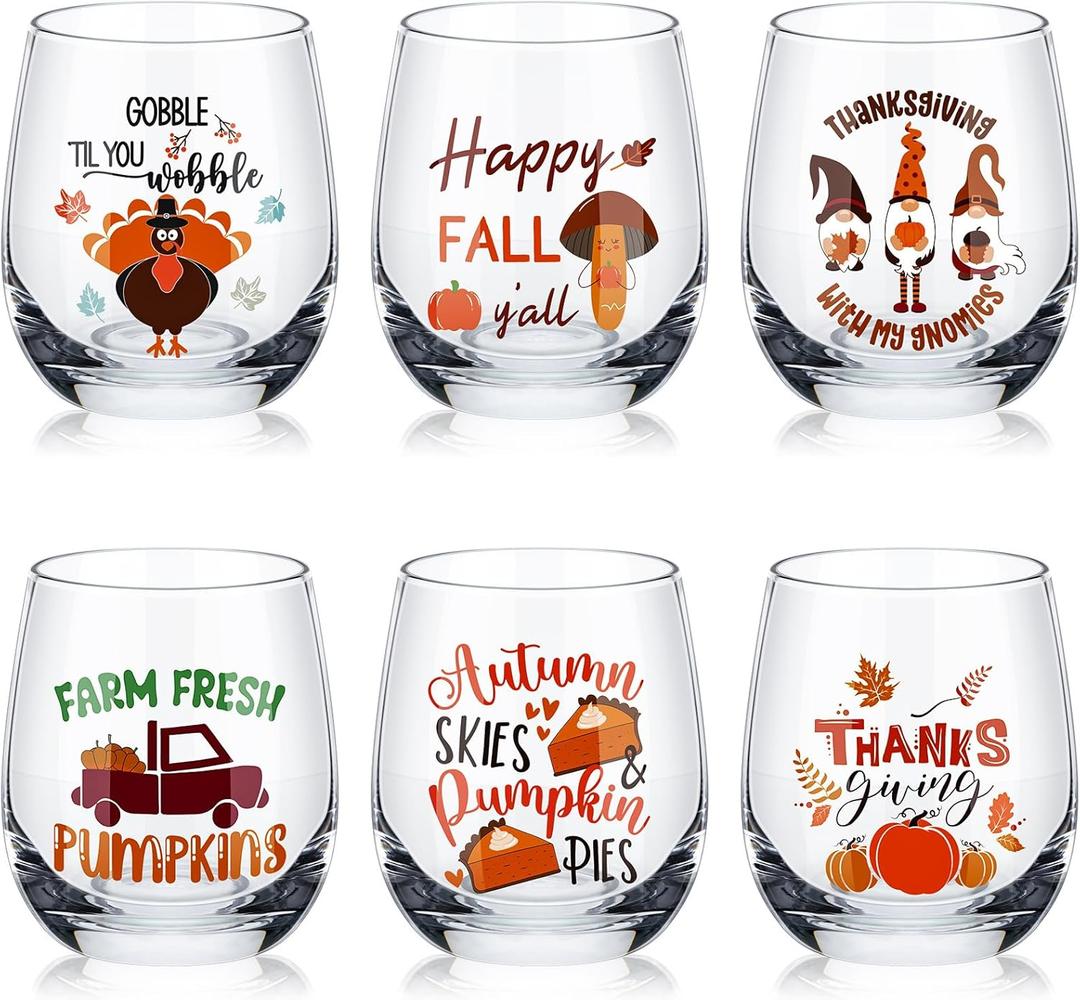 Pickmesh 6 Pcs Thanksgiving Fall Glass 12oz Autumn Stemless  Glass Cups Pumpkin Gnome Turkey Autumn Leaves Party Gifts for Family Women Men Friends Wedding Birthday Party