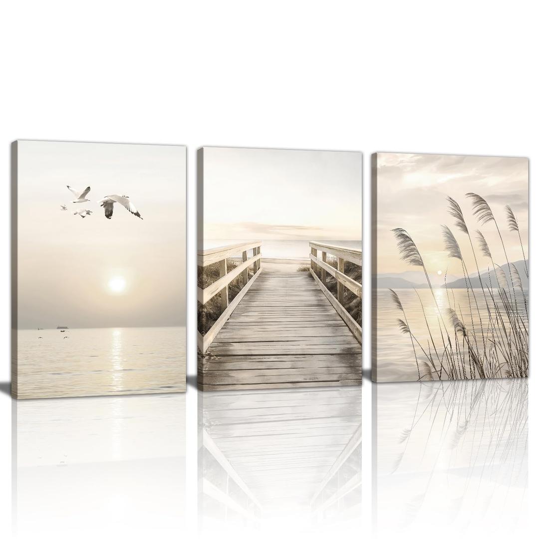WENGTIAO 3Pcs Seascape Wall Art Beige Reeds Sunset Canvas Paintings Ocean Beach Scenic Prints Pictures Rustic Bridge Boardwalk Wall Decor Seagulls Artwork Posters for Living Room Bedroom 12”x16”x3