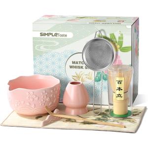 SIMPLETaste Matcha Whisk Set, 7 Pcs Ceramic Matcha Kit Includes Bowl, Whisk and Holder, Bamboo Scoop, Scoop Rest, Sifter and Tea Towel - Matcha Kit for Macha Lovers (Pink)