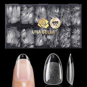 UNA GELLA 600Pcs Short Oval Almond Gel Nail Tips, Round Almond Press on Nails Pre-shaped Soft Gel Clear Fake Nails Tips Full Cover for Nail Extension Home DIY Salon 12 Sizes