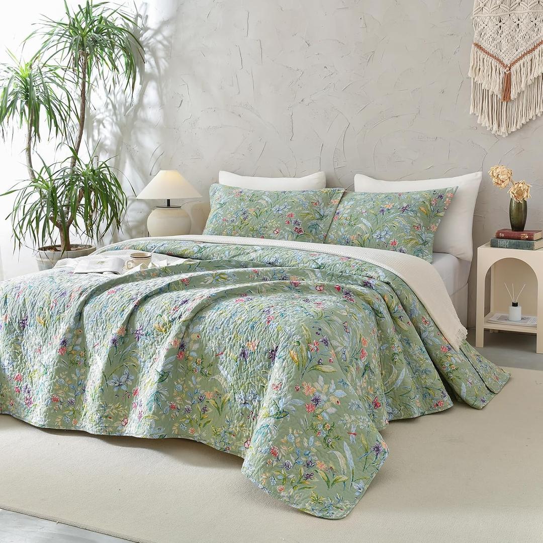 Sanracie Oversized Queen Size Quilt Bedspread Set(102"x118"), 100% Cotton Green Flower Bird Butterfly Print Botanical Quilted Bedding Set 3Pcs Lightweight Breathable Bedspreads for All Seasons