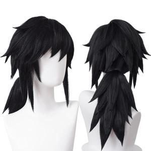 Wiggy Mermaid Giyuu Cosplay Wig with Pigtails for DS Costume Short Black Anime Wigs for Adults with Cap for Halloween Party
