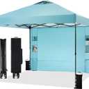 10'x10' Pop Up Canopy Tent with 1 Sidewall and 6 Pockets, One Push Setup, Instant Shade Tent with Vented Roof for Beach Patio Outdoor, Case, 8 Stakes, 4 Ropes, 4 Sandbags (Cyan, 10x10)