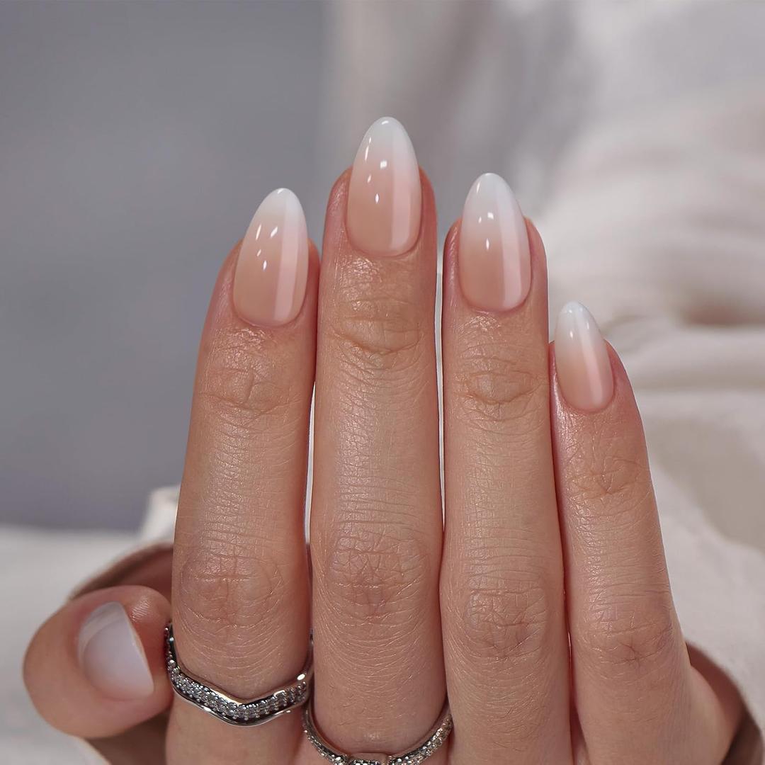 Almond Press On Nails Medium - BTArtbox Soft Gel Ombre Fake Nails with Nail Glue, Semi-Transparent Reusable Glue On Nails in 16 Sizes - 32PCS Stick On Nails Kit, Vanilla Cream Almond