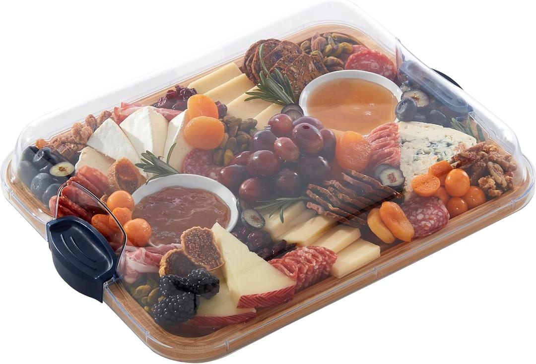 Farberware Build-A-Board Bamboo Cutting Board with Built-in Compartments and Clear Locking Lid with Navy Handles, Perfect for Charcuterie, Snacks, and More