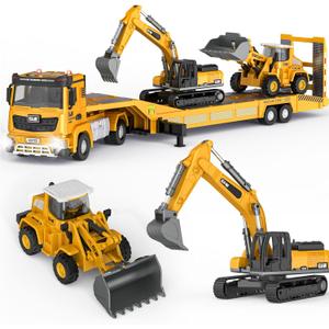 Pupu Pig Kids Toys for 3 4 5 6 7 Years Old Boys, Die-cast Construction Toys Set w/Semi Truck, Excavator, Bulldozer, Alloy Engineering Construction Vehicles Truck Toys w/Lights & Sounds, Model Cars