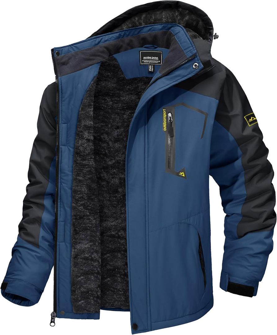 TACVASEN Men's Winter Skiing Jackets Water Resistant Fleece Coats Insulated Thermal Snowboard Jacket Parka Raincoat with Hood (#215 Denim Blue)