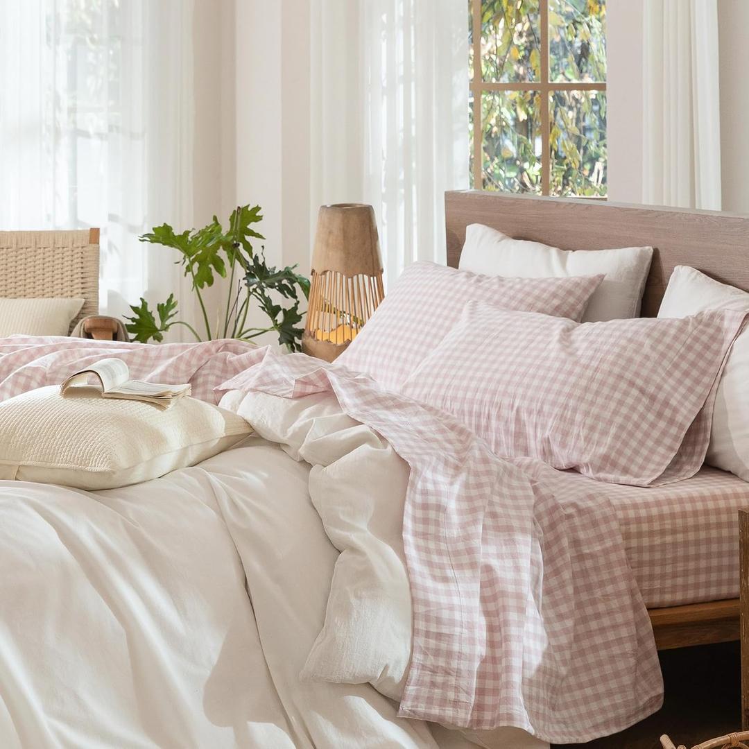 MooMee Gingham Sheet Set 100% Washed Cotton Linen Like Textured Breathable Soft w/Fully Elasticized 16-19" Deep Pocket (Classic Gingham Greyish Pink, Queen)