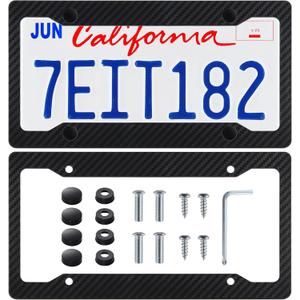 Alpmosn 2PCS Black Carbon Fiber License Plate Frames, Car Tag Cover with Fasteners and Screws, Car Exterior Accessories, 4 Hole Universal License Plate Holders for U.S. Vehicles