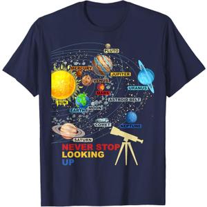 Solar System Planets - Never Stop Looking Up - Astronomy T-Shirt, XL