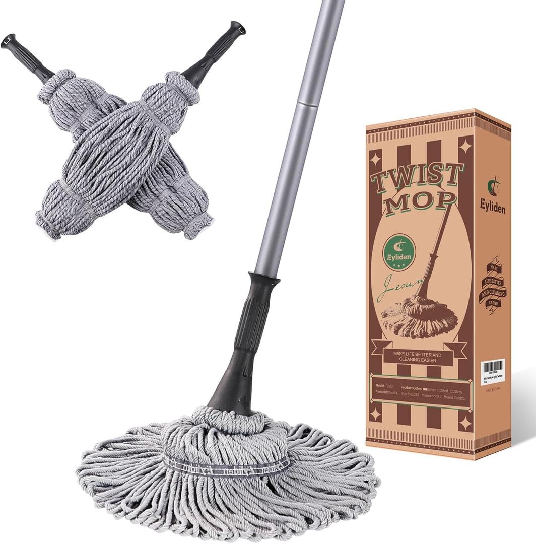 Eyliden Mop with 2 Reusable Heads, Easy Wringing Twist Mop, with 57.5 inch Long Handle, Wet Mops for Floor Cleaning, Commercial Household Clean Hardwood, Vinyl, Tile, and More (Grey) 