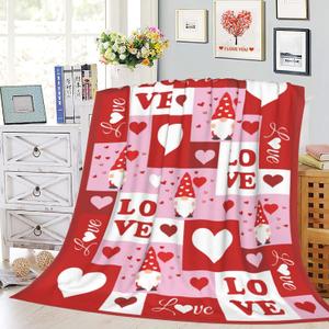 Happy Valentine's Day Throw Blanket Valentine's Day Heart Cute Gnome Soft Flannel Blanket Holiday Warm Cozy Lightweight Bed Blanket for Sofa Couch Bedroom 40x50 Inch (Red)