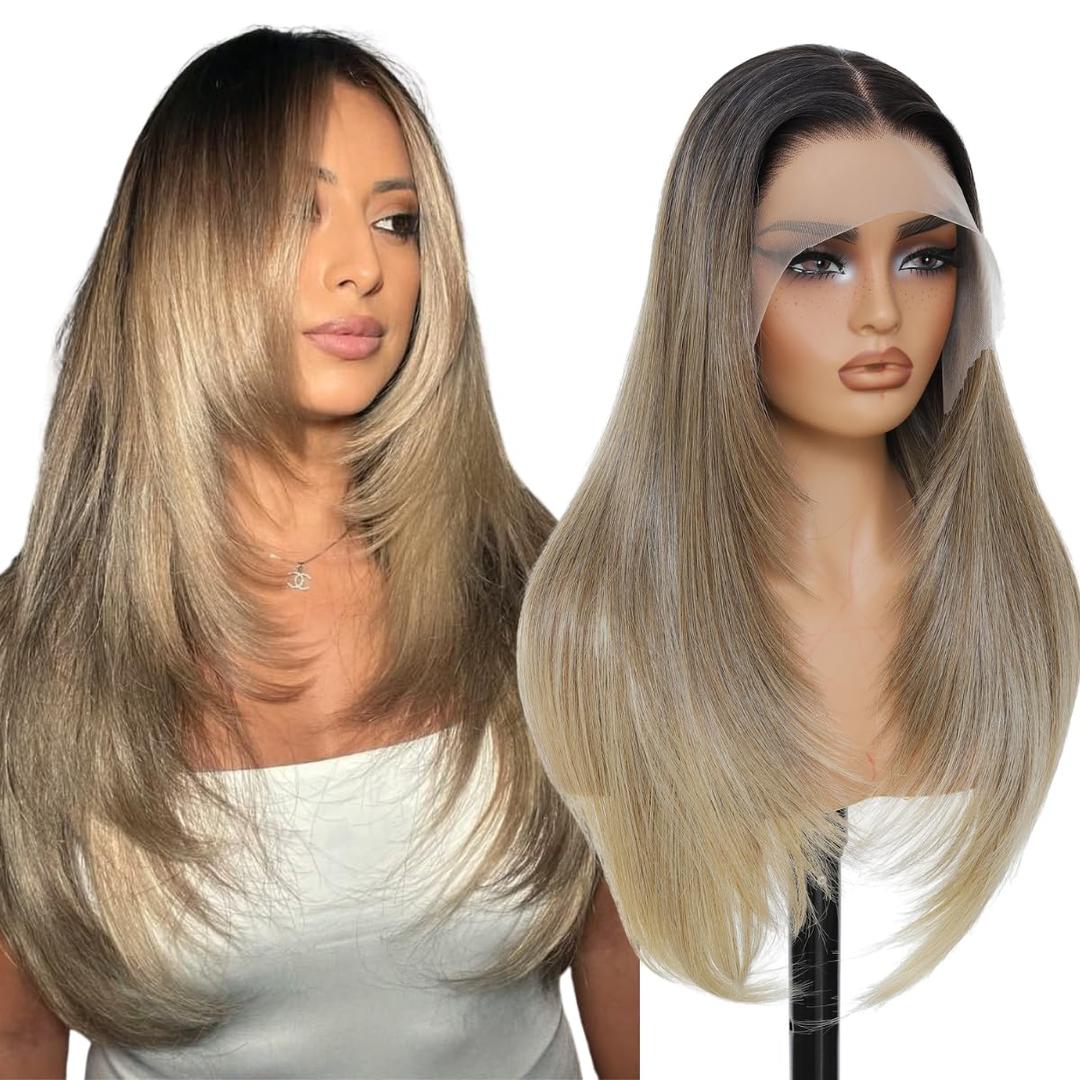 Light Blonde 13x6 Synthetic Lace Front Wigs Pre Plucked 26 Inch Long Layered Straight Wigs 100% Futura Premium Fiber Wigs For Women Ready to Wear Wig With Bangs Daily Party Use