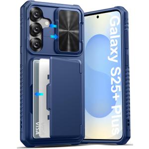 ATATOO for Samsung Galaxy S25+ Plus Case, Built-in Card Holder (3-5 Cards) & Slide Camera Cover & RFID Blocking, Military Grade Protection, Shockproof Silicone Wallet Case for Galaxy S25+ Plus, Blue