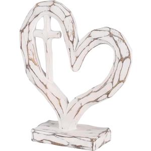 Dicksons Carved Heart with Cross, Distressed White, 6 x 5 inch Resin, Pedestal Table Top, Inspirational, Decorative Figurine