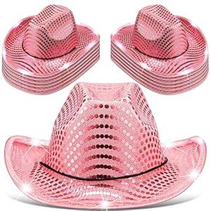 Kigeli Cowboy Hat, 10 Pcs Lights LED Western Hat for Adults, One Size, Pink, Sequin, Cowboy Cowgirl Hat for Western Role Play, Suitable for Bridal Shower, Halloween, Christmas, Daily Wear