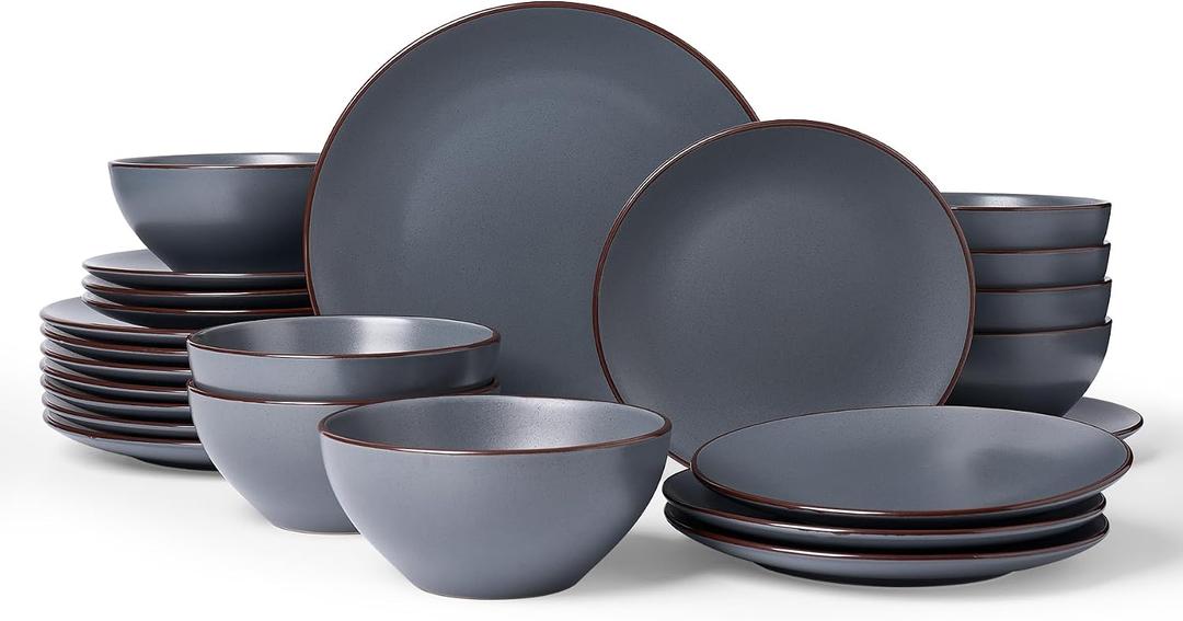 Famiware Venus Plates and Bowls Sets, 24 Pieces Stoneware Speckled Dishes Dinnerware Set for 8, Matte Charcoal - Microwave & Dishwasher Safe, Modern Minimalist, for Everyday Meals & Formal Dining