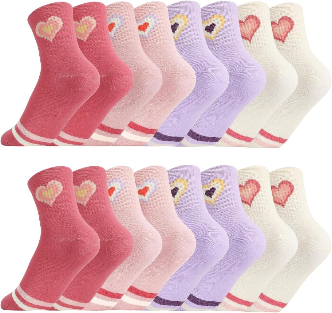 Jspupifip Kids Girls Crew Athletic Socks with Retro Stripes Hearts Cartoon Patterns for Running Sport Outdoor (6-10 Years, Red Beige Pink Purple)