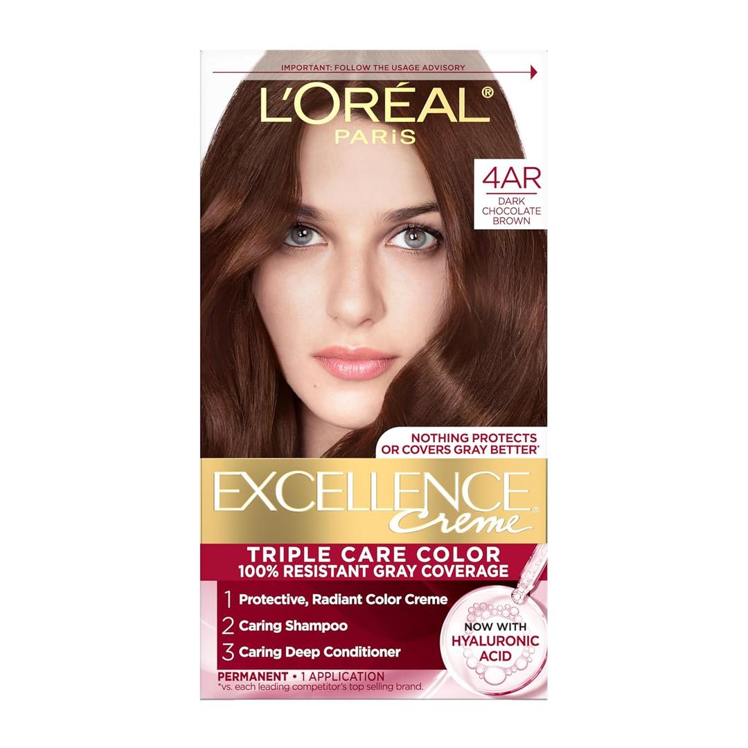 L'Oreal Paris Excellence Crme Permanent Hair Dye, Triple Care Hair Color with Hyaluronic Acid for 100% Gray Coverage, 4AR Dark Chocolate Brown, 1 Kit (Packaging May Vary)
