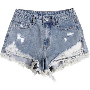 SOLY HUX Women's Ripped Raw Hem Jean Shorts High Waisted Straight Leg Denim Shorts Streetwear (Blue, L)