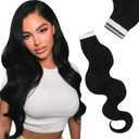 Wavy Tape in Hair Extensions Black #1B Body Wave Human Hair Tape in Extensions Black Wavy Hair Extensions Tape in Invisible Remy Straight for Women 18inch 50g