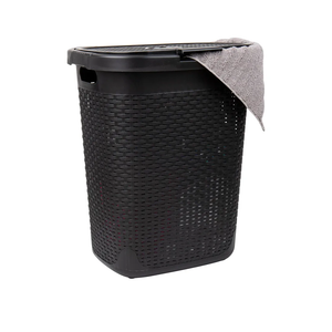 Mind Reader 50L Slim Laundry Hamper, Clothes Basket, Lid, Wicker Design, Plastic, 17.65"L x 13.75"W x 21"H, Black
