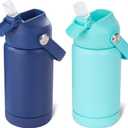 Kerilyn 12oz Kids Water Bottle 2 Pack, Stainless Steel Insulated Water Bottle Bulk, Toddler Cups with Straws Leak-Proof, Kids Water Bottles for School Boys Girls, BPA Free, Blue+Green 2 Piece Set