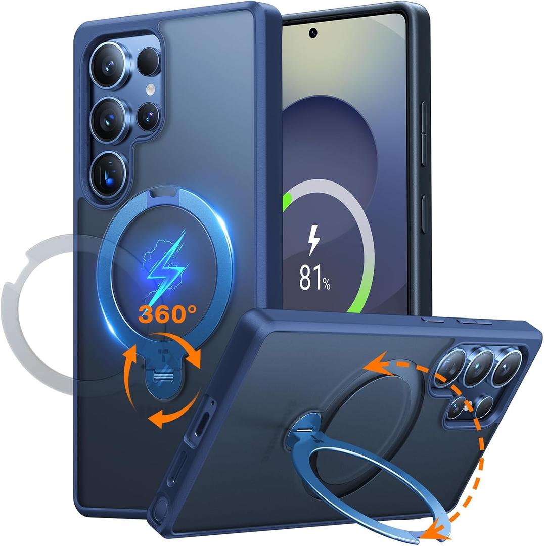 TORRAS 360 Spin Magnetic Stand for Samsung Galaxy S25 Ultra Case, Fit for Magsafe, Mil-STD Slim Protective S25 Ultra Case with Kickstand Rotatable, Aesthetic for Women Men, Ostand Spin, Navy Blue