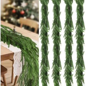 4Pcs 6Ft Artificial Norfolk Pine Garland, Real Touch Winter Pine Garland for Decoration Christmas, Green Faux Greenery for Mantle, Table,Staircase,Fireplace, Door, Wall,Indoor Outdoor Xmas Decor
