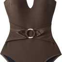 SUUKSESS Women Retro One Piece Swimsuit Metal Tummy Control V Neck Bathing Suit (Brown), XL
