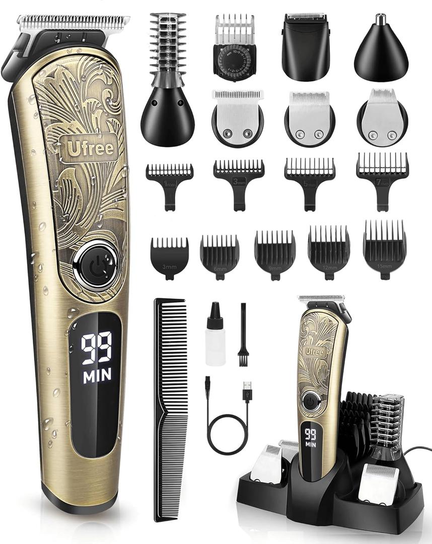 Ufree Gifts for Men, Beard Trimmer with Charging Stand, IPX7 Waterproof Electric Razor Shavers for Men, Clippers for Hair Cutting, Men's Grooming Kit for Mustache Nose Facial Body (Gold)