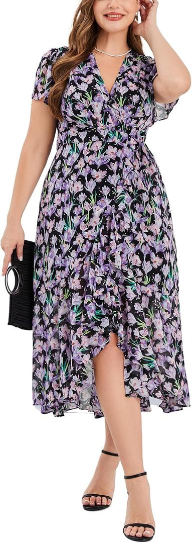 EYWOL Plus Size Wedding Guest Dress for Women, Floral Chiffon Midi Wrap Dress, Flutter Sleeve High Waist Flowy Summer Dresses (Black)