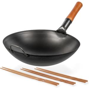 YOSUKATA Carbon Steel Wok Pan - 14  Woks and Stir Fry Pans + Reusable Natural Wooden Long Cooking Chopsticks Set of 3 pairs: 11.8 inch, 13-inch, 14.2 inch