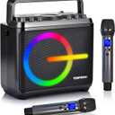 Karaoke Machine, Bluetooth Speaker with 2 Wireless Microphones, Portable Voice Amplifier PA System for Adults Kids with LED Lights Support Bass/Treble Adjustment, TF Card/USB, REC for Home Party