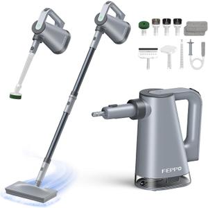 FEPPO Steam Mop with Detachable Handheld Steam Cleaner for Home and Floor Cleaning, 10-in-1 Multi-purpose Attachments & 2 Pads, Powerful Steamer for Floors, Hardwood, Tiles, Grout, Windows, Kitchen, Bath (Grey)