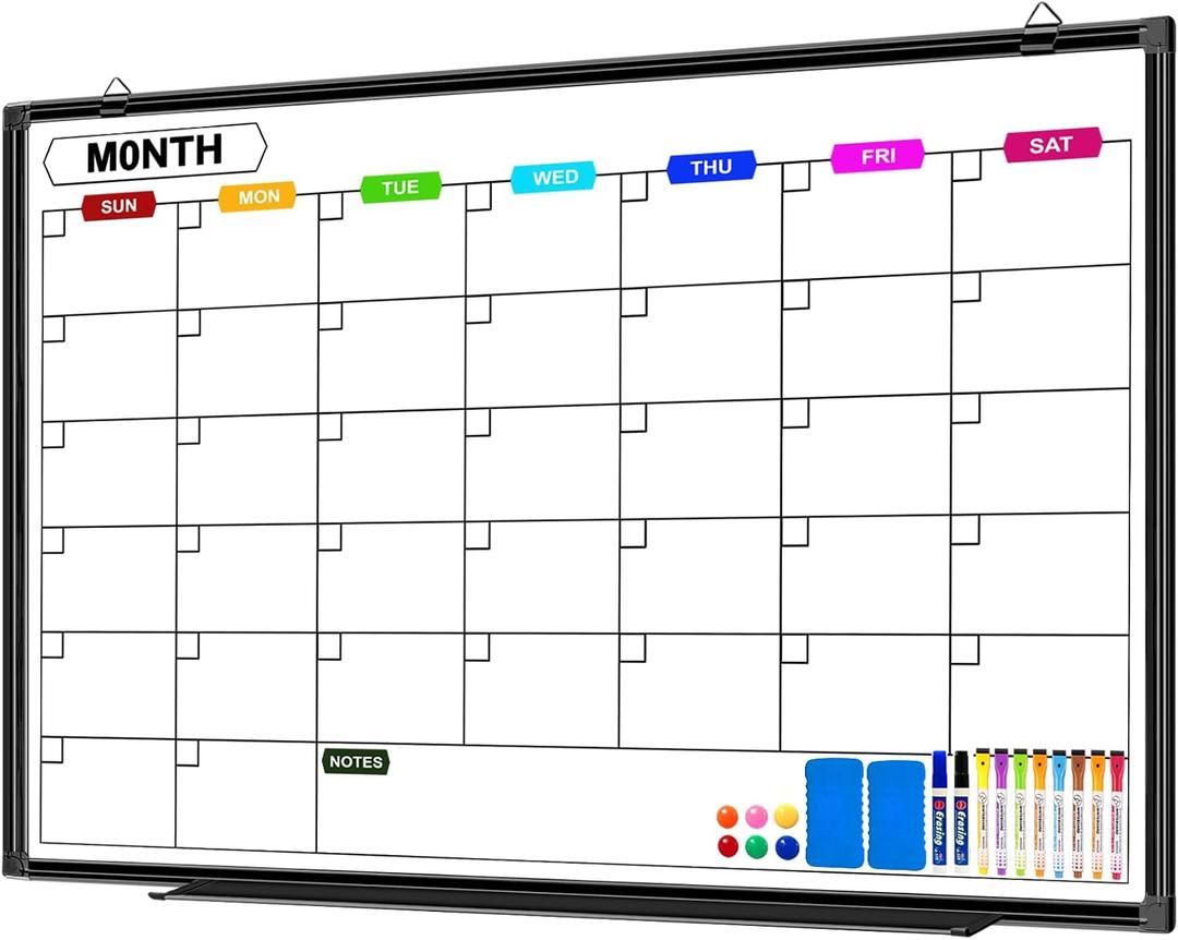 Dry Erase Calendar Whiteboard for Wall 36" x 24", Magnetic Monthly White Board Calendar Dry Erase with Tray, Black Aluminum Frame Bulletin Board for Office Home and School