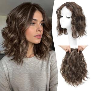 Ms Taj 11 Inch Short Wavy Hair Topper for Women with Thinning Hair, Synthetic Lightweight Breathable Hairpiece with 6.5"x6.5" Base, Instantly Adds Volume and CoverageDark Ash Brown with Highlights