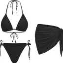 Women 3 Piece Swimsuits - Sexy Triangle Bikini Sets with Cover Up Halter String Tie Side Bathing Suits (Medium, Black)