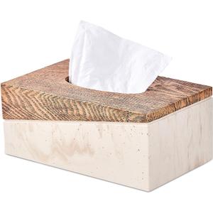 Rectangular Natural Travertine and Rustic Wood Textures Tissue Box Cover for Bathroom,Livingroom,Bedroom, Hand-Made Resin Wood Inlaid Travertine Tissue Box Holder,10 x 5.7 x 4.5 in (C-brown&beige)
