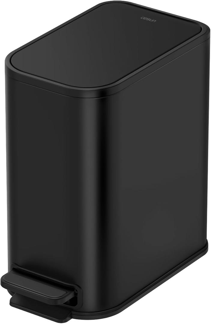 Cesun Small Bathroom Trash Can with Lid Soft Close, Step Pedal, 5 Liter / 1.3 Gallon Stainless Steel Garbage Can with Removable Inner Bucket, Waste Basket for Bathroom, Bedroom (Matte Black)