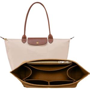 OPPOSHE Purse Organizer Insert for Longchamp Le Pliage, Premium Felt Long Champ Bag Handbag Women, Tote Organizer Insert with 9 Compartments (Large, Brown) (11.5*7.5*9.7in)