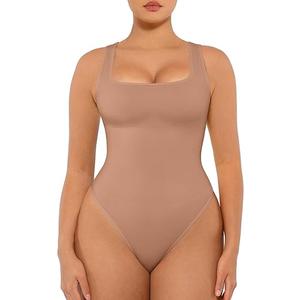 FeelinGirl Bodysuits for Women Seamless Square Neck Tummy Control Compression Thong Shapewear Bodysuit Tank Tops Bodysuit (XS-S)