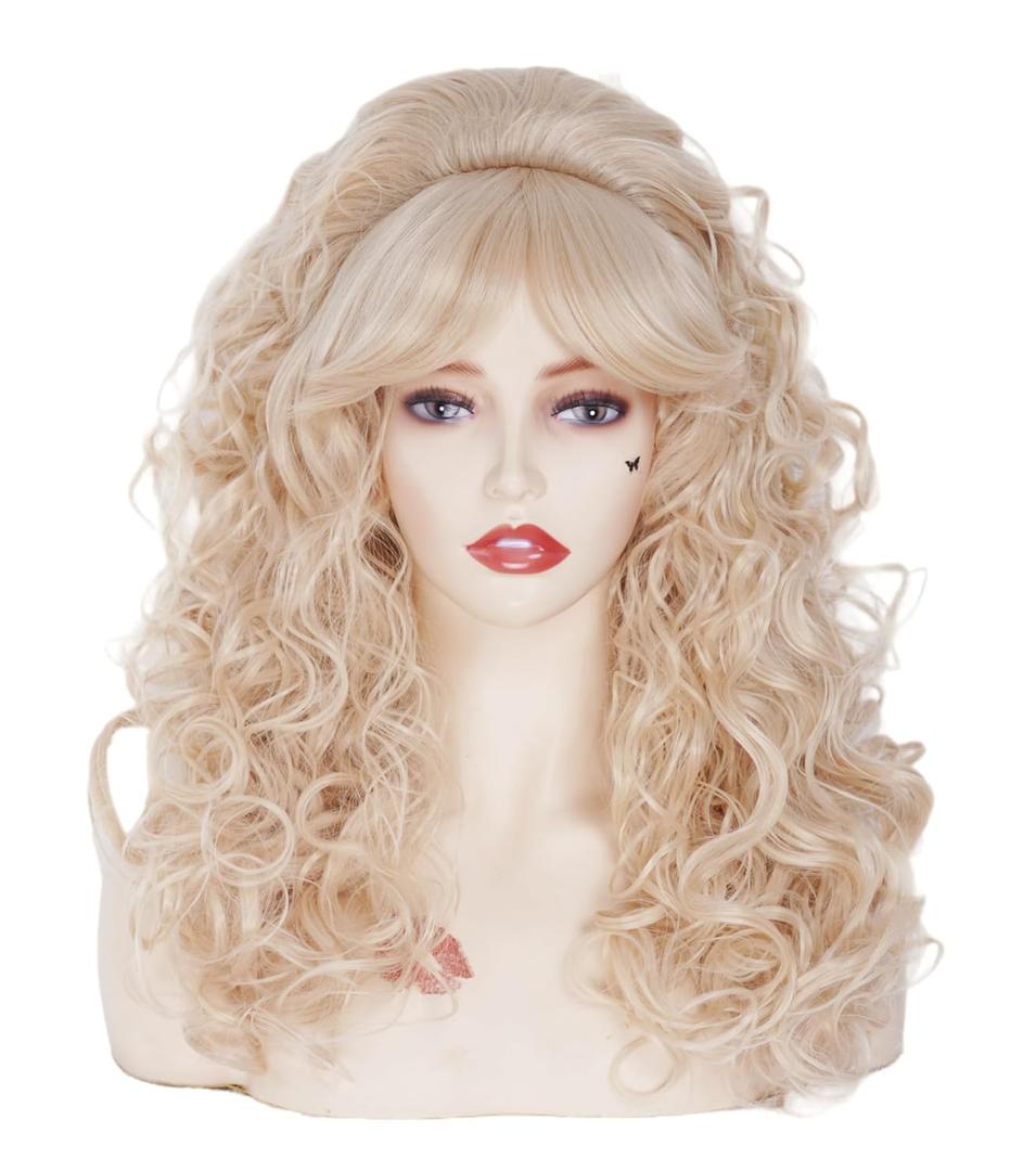22 Inches Retro Beehive Blonde Wigs for Women Long Wavy Wig with Bangs Synthetic Natural Wig for 60s 70s 80s Cosplay,Halloween, Daily Use