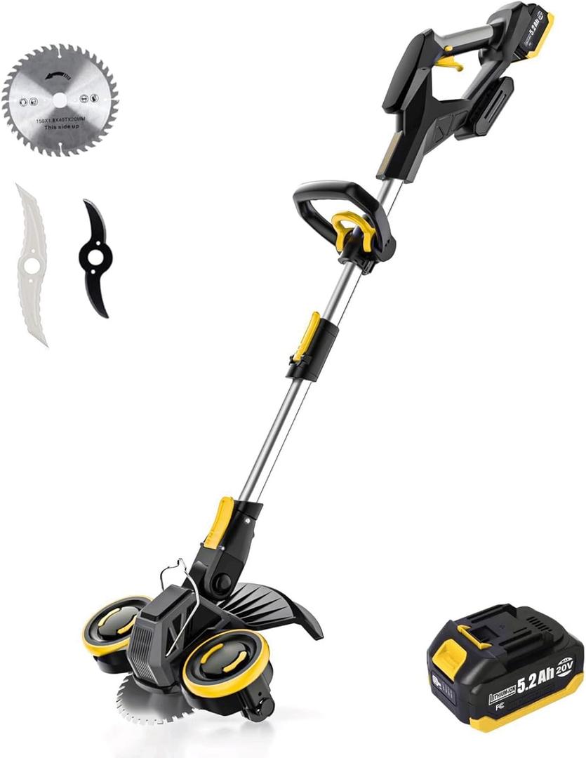 Cordless Weed Wacker with Brushless Motor, 20V 5.2Ah Battery Powered Weed Wacker with Blade, 3 in 1 Brush Cutter/Lawn Edger/Mower (One 5.2Ah Battery and Charger)