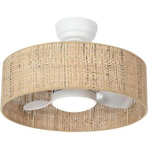 Boho LED Reversible DC Dimmable Ceiling Fan with Light Fixture and Remote Control,Caged Round Cage 3 Blade Small Drum Fandelier for Bedroom Indoor Kitchen Nursery Office Dining Room